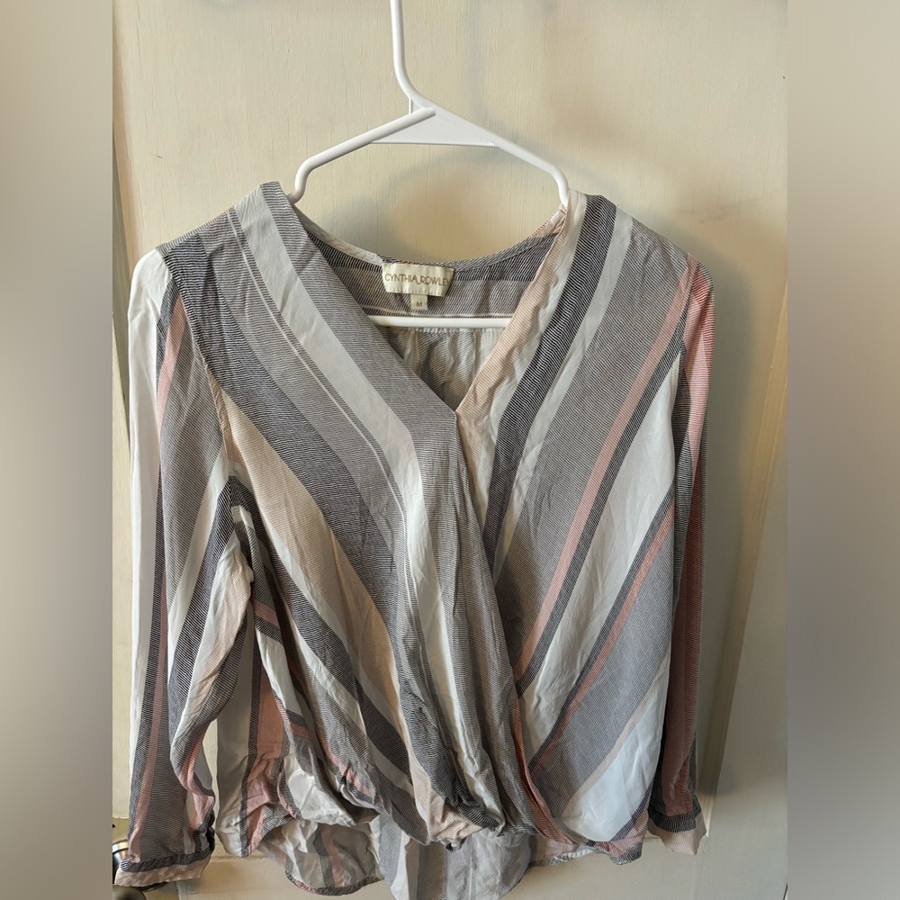 Pink, black, & white striped blouse Cynthia Rowley size Medium, V neckline